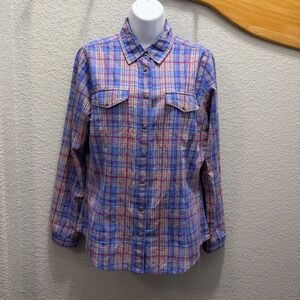 Woolrich Western Plaid Snap Shirt Women Medium Blue Red‎ Long Sleeve Embroidered